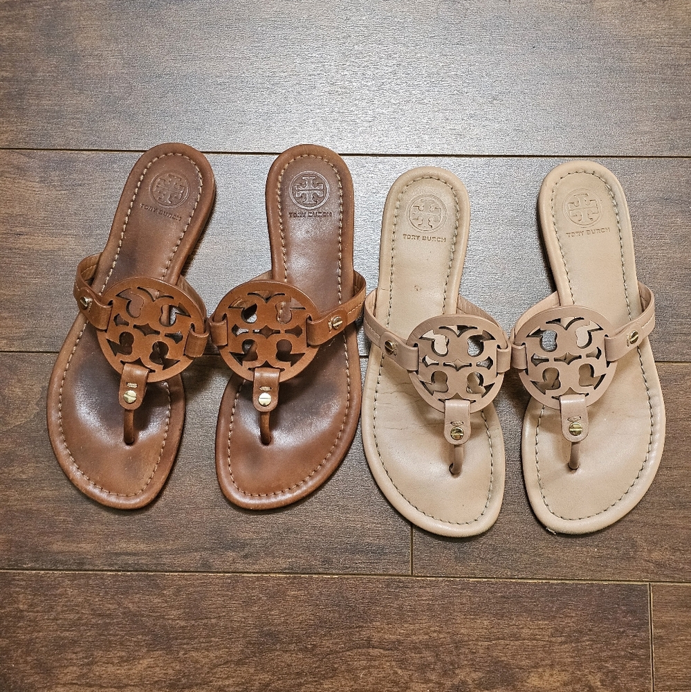 Womens Tory Burch Miller Sandals Size 6, Leather, Cognac and Light Sand
